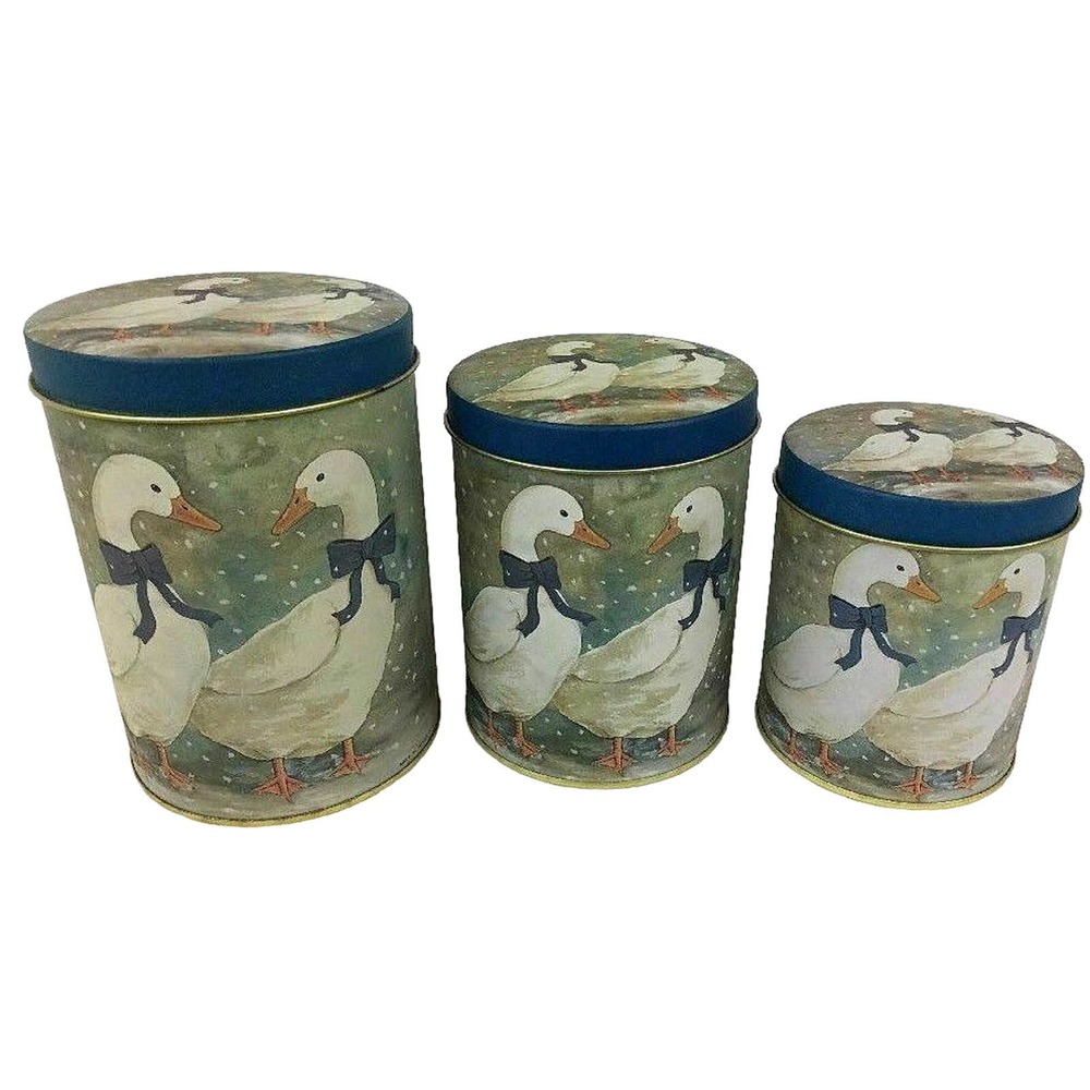 Set 3 Nesting Metal Tin Box Container Lidded Winter Ducks Ribbons Snow Gift